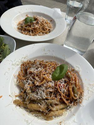 Two plates of homemade pasta with parmesan and basil
